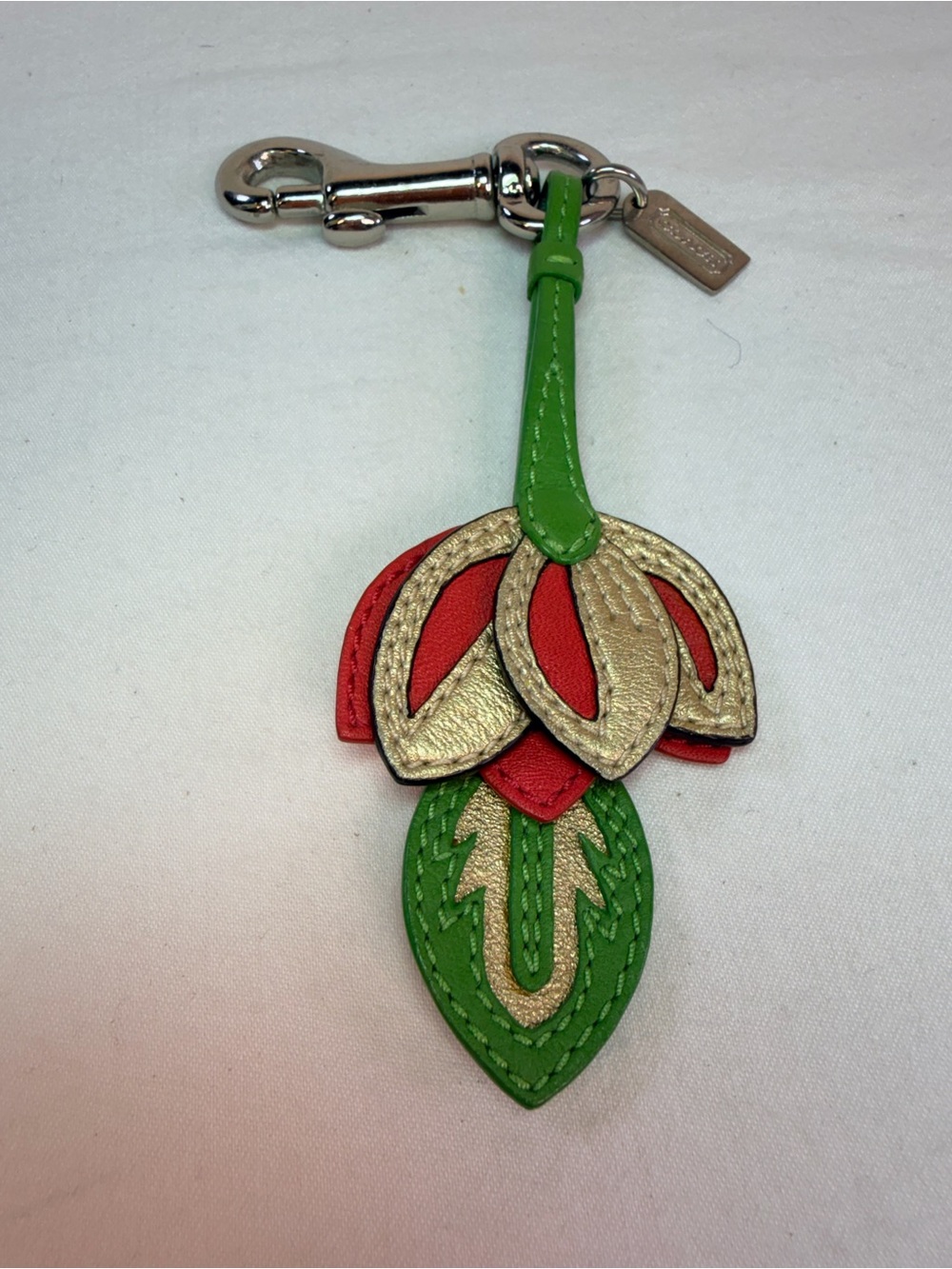 Coach Floral Penelope Lily Leather Keychain Charm with silver hardware